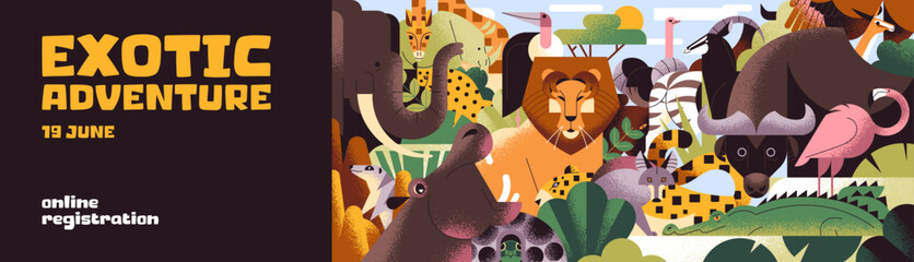 Fototapeta premium Safari tour advertising banner design. Promotion template of exotic adventure, travel to Africa. Layout with different African animals, savannah wildlife in geometric style. Flat vector illustration