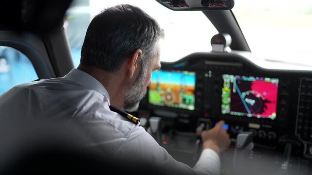 Experienced airline pilot preparing for takeoff in a modern aircraft cockpit