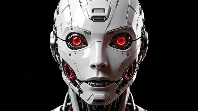 光のスキャンにより錆びたロボットの顔が最新の金属へと修復され目が発光する抽象背景