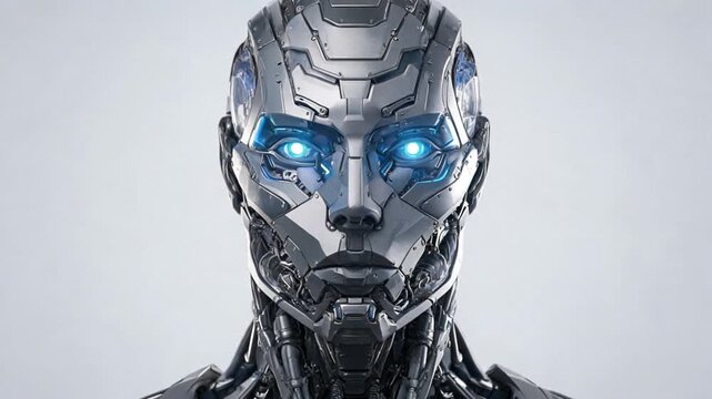 光のスキャンにより錆びたロボットの顔が最新の金属へと修復され目が発光する抽象背景