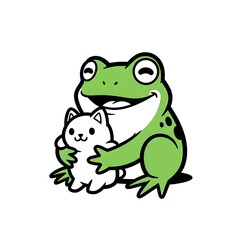 Fototapeta premium Green cartoon frog holding a green lily pad.