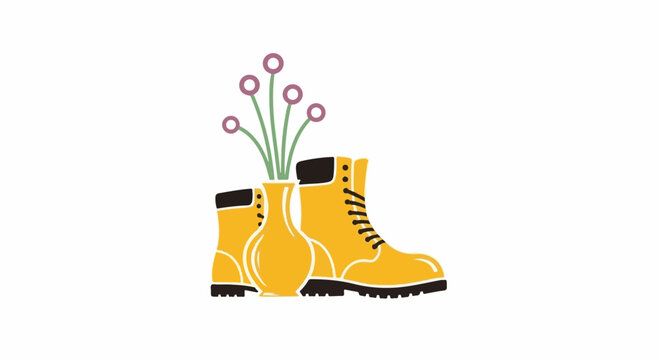 Yellow boots with a vase holding thin stems and circular flowers