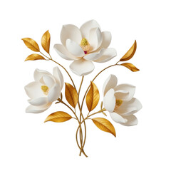 Fototapeta premium Three white magnolia flowers with metallic gold leaves and stems arranged in a decorative botanical bouquet isolated on a transparent background