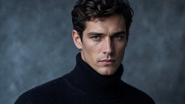 Handsome Caucasian Man in Black Turtleneck Sweater Portrait