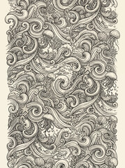 Obraz premium Intricate Nautical Ocean Wave Pattern with Marine Life and Swirling Sea Elements