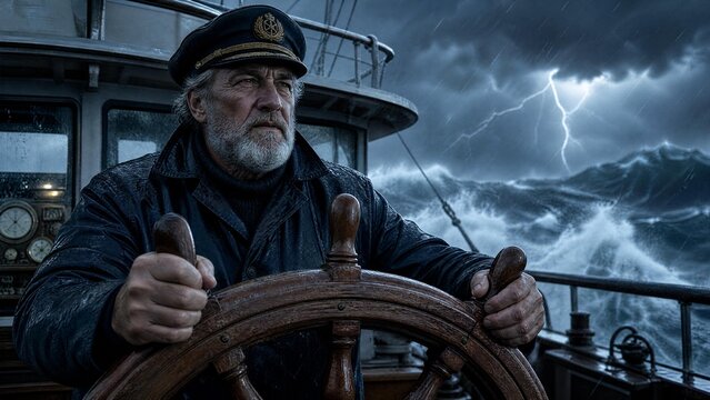 Experienced Sea Captain Steering Ship Through Dangerous Stormy Sea with Lightning