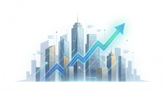 Cityscape with Upward Arrow Graph Symbolizing Global Economy Growth and Financial Success