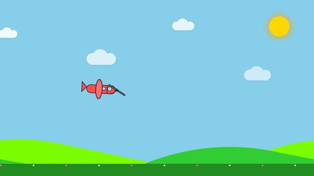 Cartoon airplane flying in a blue sky with clouds and bright sunshine