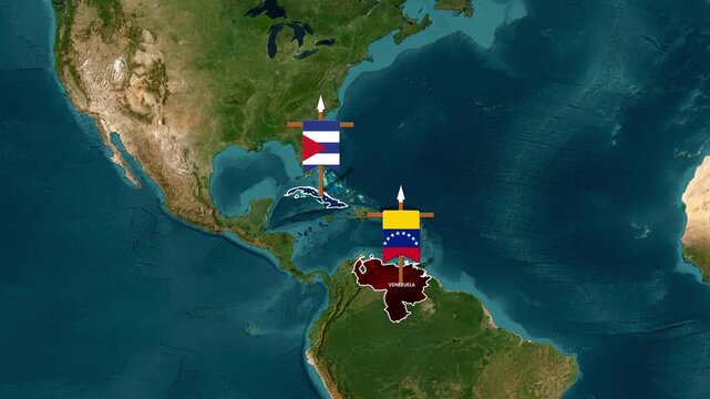 Cuba and Venezuela Country Highlight Map with Flags Animation