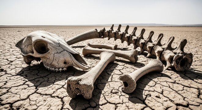 Sun Bleached Animal Bones and Skull in Desert Landscape