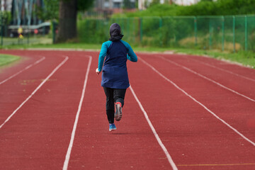 Fototapeta premium Muslim Woman Running on Outdoor Track in Sportswear Training for Fitness and Endurance