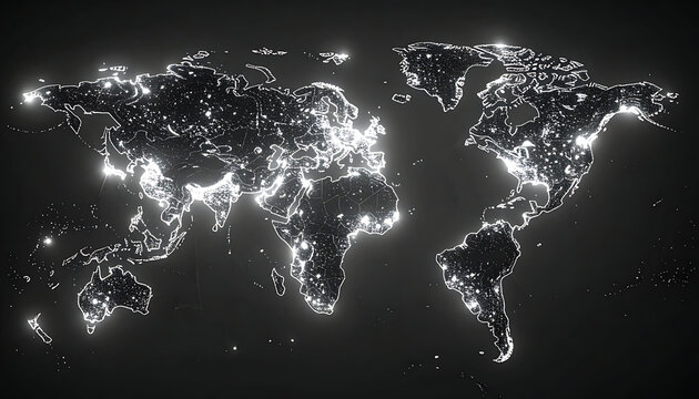 World map glowing with bright city lights, representing global connections and a digital network across continents