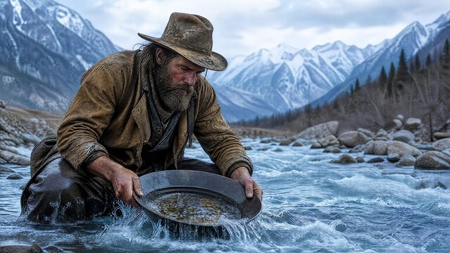 Rugged Gold Prospector Panning in a Mountain River During Gold Rush Era