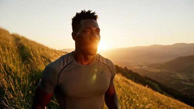 A man enjoys a spirited jog through sunlit golden fields, inspired by nature's beauty at sunset. His joyful expression conveys the exhilaration of fitness and freedom in movement.
