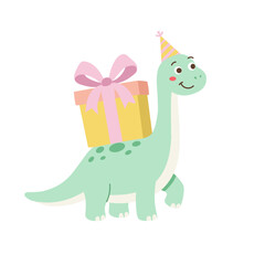 Naklejka premium Cute green dinosaur wearing party hat and carrying birthday gift vector illustration