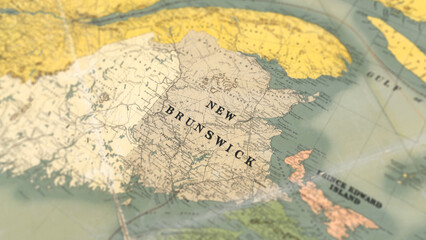 Macro View of Vintage Map Highlighting New Brunswick Canada with Detailed Geographic Cartography © Andi Permana
