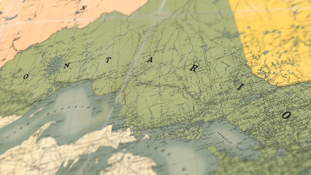 Macro View of Vintage Map Highlighting Ontario Canada with Detailed Geographic Cartography