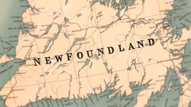 Macro View of Vintage Map Highlighting Newfoundland Canada with Detailed Geographic Cartography
