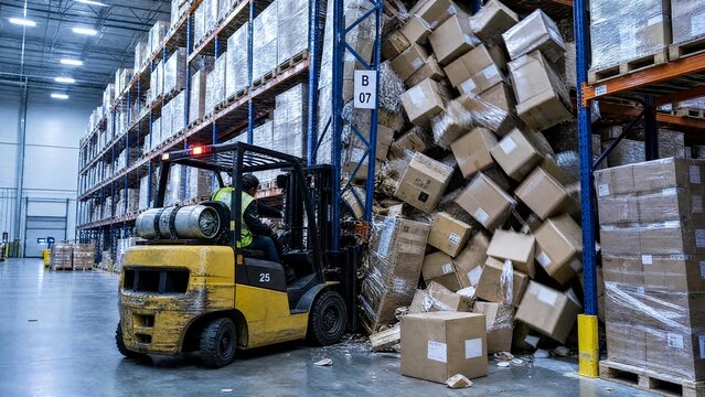 Warehouse Safety Accident with Forklift and Collapsing Cargo Boxes
