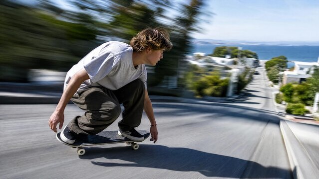Young Skateboarder Riding Fast Downhill on Coastal Road with Motion Blur