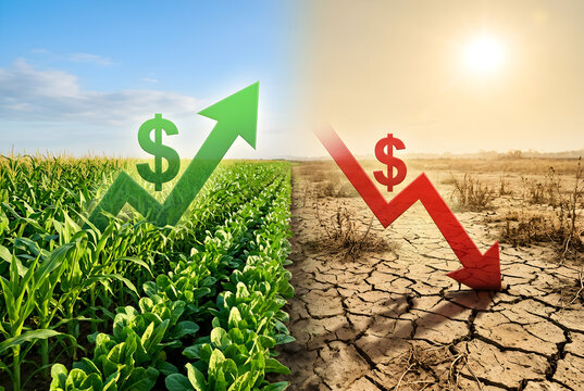 Split screen concept of agricultural economy showing lush green crops with a rising profit arrow versus dry cracked earth with a falling financial loss graph.