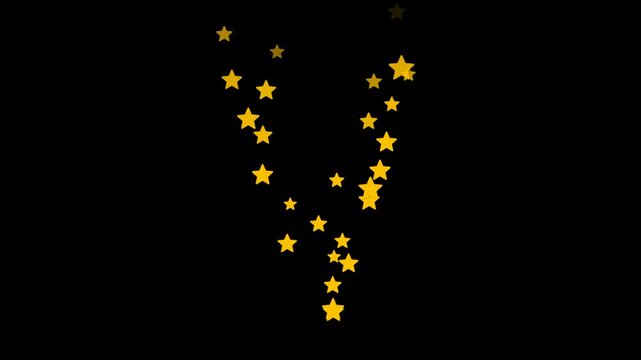 Floating yellow star animation with alpha channel, golden rating symbols rising on transparent background for social media, reward, celebration, app, sticker, overlay and digital content design