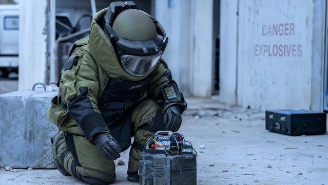 EOD Specialist in Protective Suit Defusing an Explosive Device