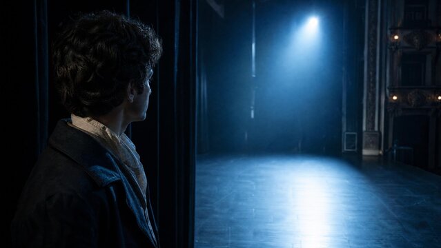 Actor Waiting Backstage Looking at Empty Theater Stage with Blue Spotlight