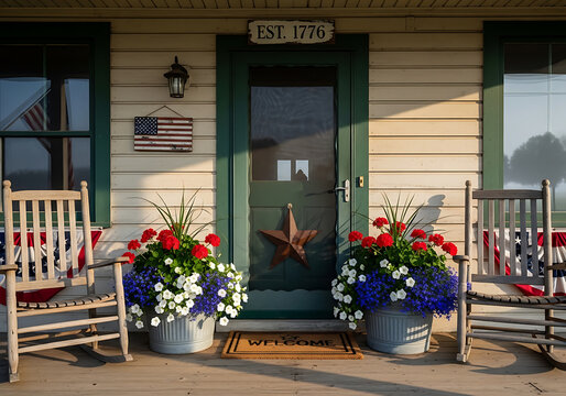 A patriotic front porch with rocking chairs, red, white, and blue flowers, and an American flag hanging on a sunny day.