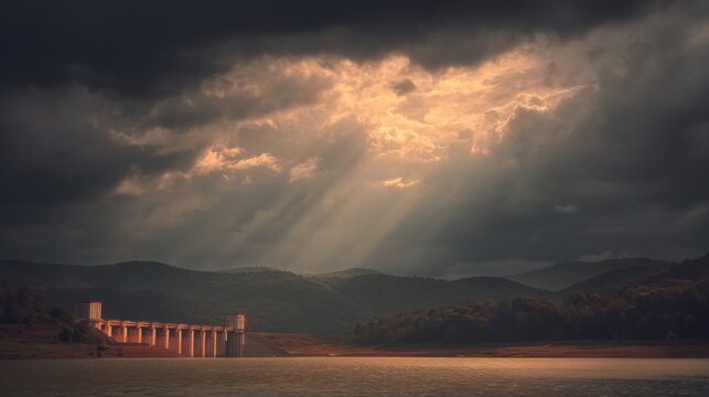 Dramatic cloudy sky over serene lake with sunlight breaking through dark clouds, highlighting the dam structure amidst nature&rsquo;s beauty and mountainous landscape