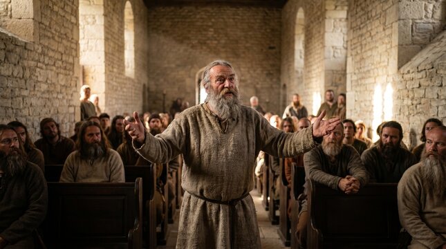 An elderly bearded apostle preaches with open arms to a seated congregation inside a sunlit stone church during an early Christian assembly from the New Testament era.