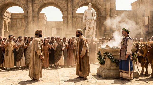 Apostle Paul and Barnabas confront a pagan priest at a smoking altar to stop a ritual sacrifice in Lystra during their missionary journey in the New Testament Book of Acts.