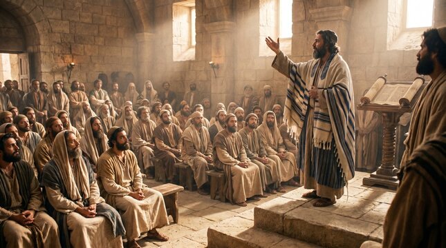 Apostle Paul in a traditional Jewish tallit preaches to a large gathering of disciples inside an ancient sunlit stone synagogue during the New Testament era.
