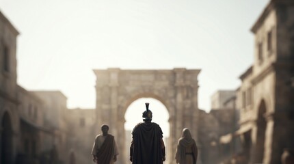 Obraz premium Roman centurion viewed from behind stands in a sun-drenched ancient city street facing a monumental triumphal arch in a 1st-century New Testament setting from the Book of Acts.