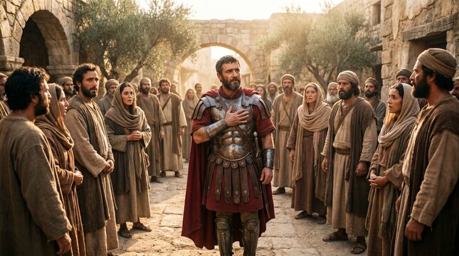 Roman centurion Cornelius stands with a hand on his chest among a crowd of Judean people in an ancient stone street during the New Testament era.