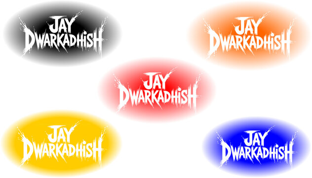 Artistic vector typography collection of Jay Dwarkadhish text on colorful gradient backgrounds for Janmashtami greeting cards, abstract religious banner designs, and Hindu graphic art.