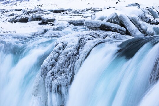 Godafoss waterfall, icy and snowy rock face, Northern Iceland Eyestra, Iceland