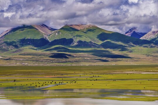The open wide landscape of Tibet along the Tibetan railway in Tibet, Asia
