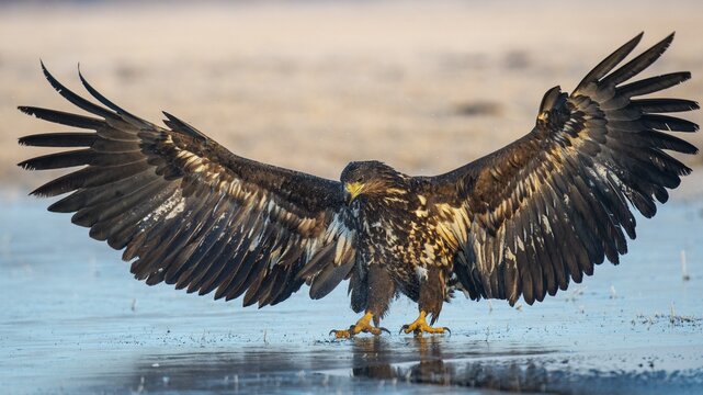 Flying white-tailed eagle (Haliaeetus albicilla) in winter on an ice rink, Kutno, Poland