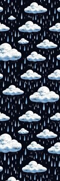 A repeating pattern of white clouds and rain drops on a dark background, raindrop, pattern