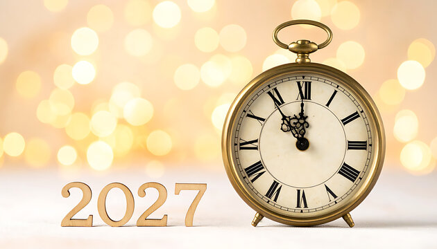 Vintage alarm clock showing nearly midnight next to wooden numbers spelling out 2027, symbolizing approaching new year celebration, time passing, festive countdown, and New Year's Eve