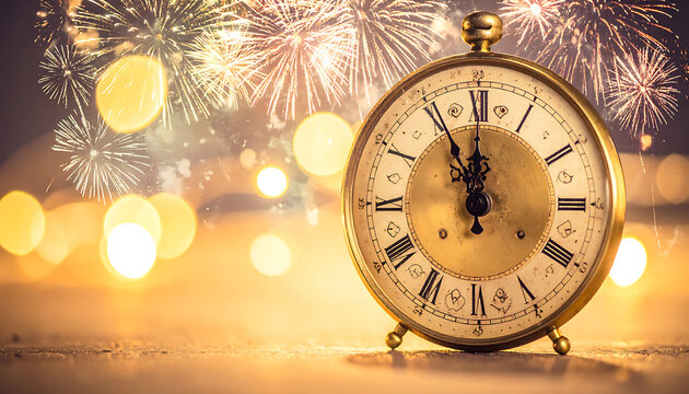 Vintage alarm clock showing almost midnight with fireworks and bokeh lights, new year countdown, celebration, festive atmosphere