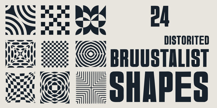 Collection Of Distorted Brutalist Geometric Shapes Black And White Vector Illustration