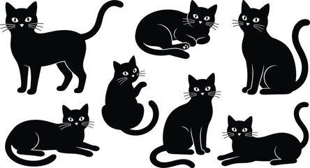 Black cat silhouettes vector illustration set featuring cute cartoon domestic felines in various poses sitting lying sleeping and standing isolated on white background © Jasmin
