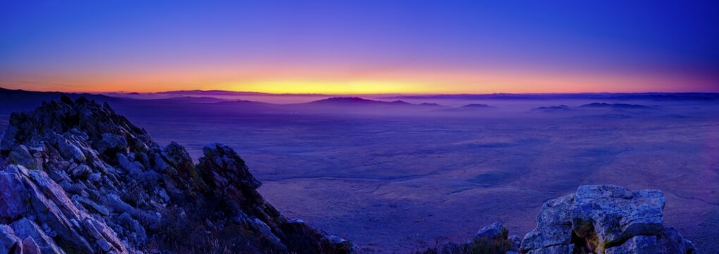 Panorama, view from a summit to Mongolian steppe at blue hour, T&ouml;w Aimag, T&ouml;w Province, Mongolia