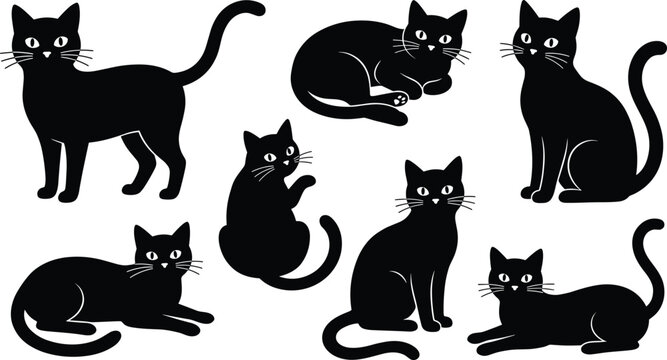 Black cat silhouettes vector illustration set featuring cute cartoon domestic felines in various poses sitting lying sleeping and standing isolated on white background