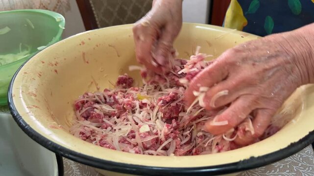 Close-Up of Male Hands Mixing Meat, Onions and Vegetables in Bowl on Kitchen