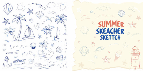 Summer Sketch Collection Featuring Seashells Palm Trees And Nautical Elements © Asit