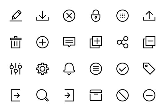 Interface icon set. Minimalist icons pack. Featuring edit, download, delete, key lock, launcher, upload, trash, add, message, search, sign in and more. Editable vector stroke.