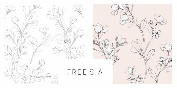 Hand Drawn Freesia Flower Collection Featuring Delicate Line Art